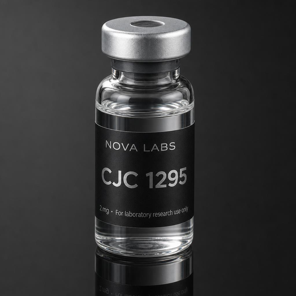 NOVA LABS CJC 1295 glass vial with black label, photographed at a slight angle
