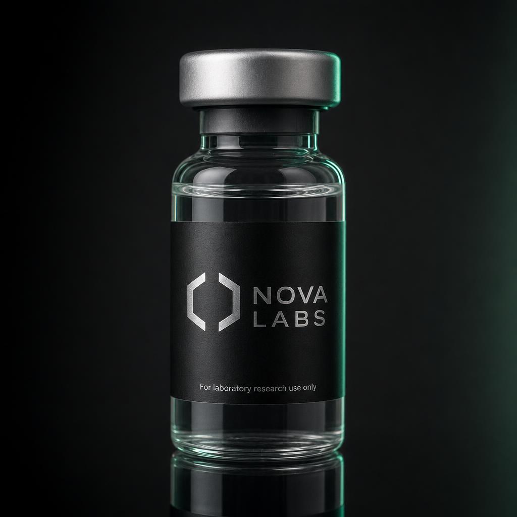 NOVA LABS peptide vial beside its matte black branded outer carton