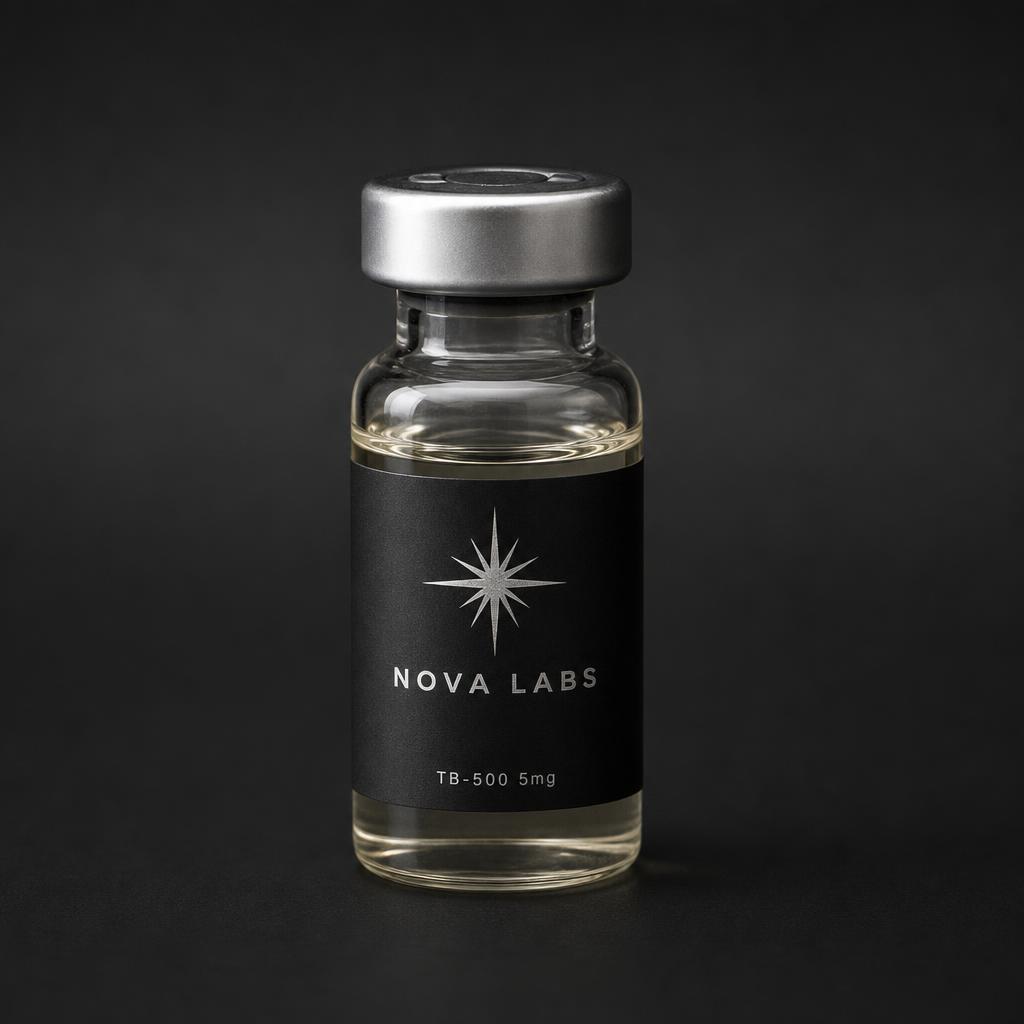 NOVA LABS TB 500 glass vial with black label and silver crimp cap on a dark studio background
